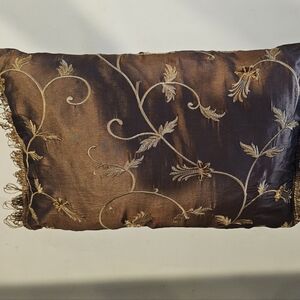 Elegant Brown Gold Embroidered Pillow 11x7 Swirl Fringe